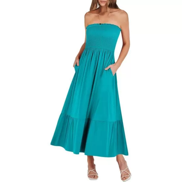 imageANRABESS Womens Summer Strapless Smocked ALine Fit Flare 2024 Fashion Boho Beach Party Long Maxi Dress with PocketsLake Green