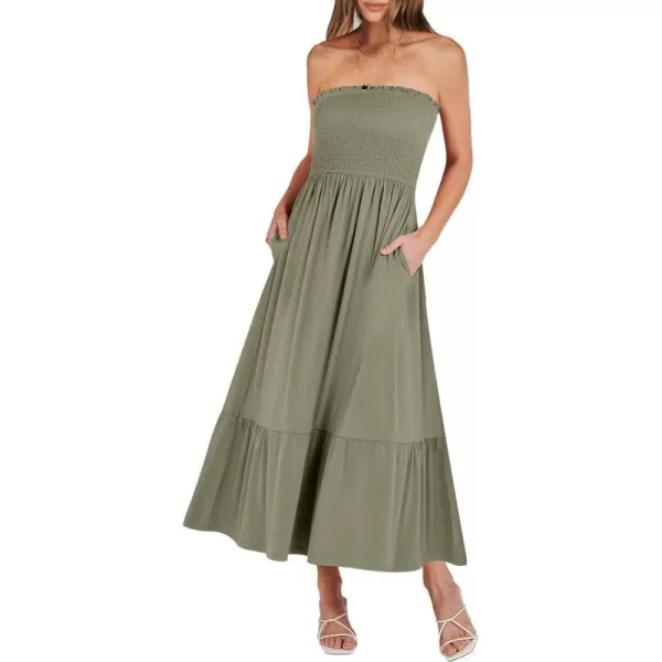 imageANRABESS Womens Summer Strapless Smocked ALine Fit Flare 2024 Fashion Boho Beach Party Long Maxi Dress with PocketsOlive