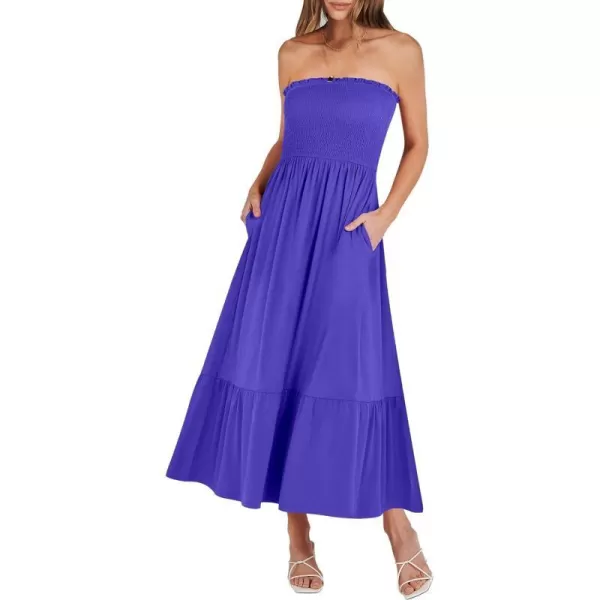 imageANRABESS Womens Summer Strapless Smocked ALine Fit Flare 2024 Fashion Boho Beach Party Long Maxi Dress with PocketsRoyal Blue