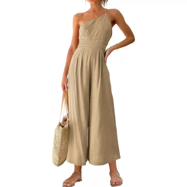 imageANRABESS Womens Summer Straps One Shoulder High Waist Casual Wide Leg Linen Jumpsuit Romper with PocketsKahki