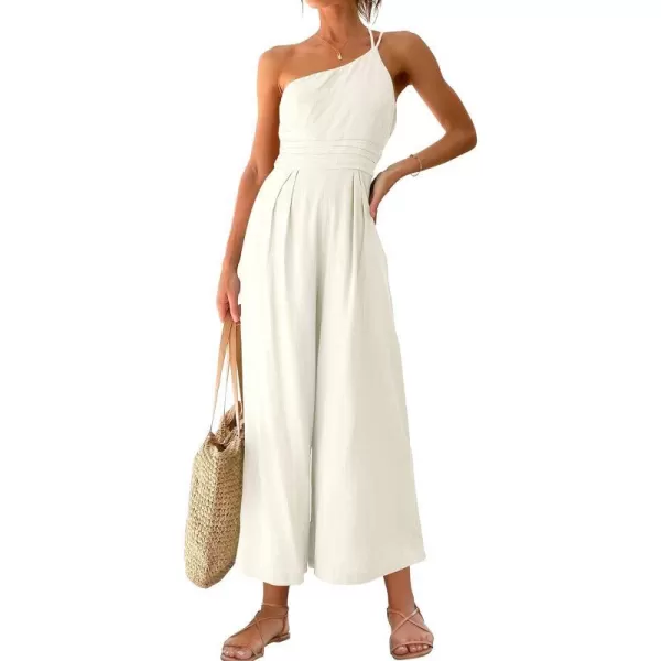 imageANRABESS Womens Summer Straps One Shoulder High Waist Casual Wide Leg Linen Jumpsuit Romper with PocketsWhite