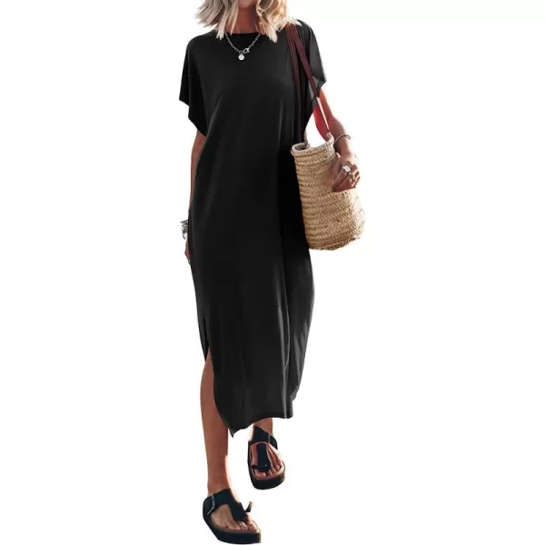 imageANRABESS Womens Summer TShirt Maxi Dress Batwing Sleeve Crewneck Casual Loose Slit Side Long Beach DressesBlack