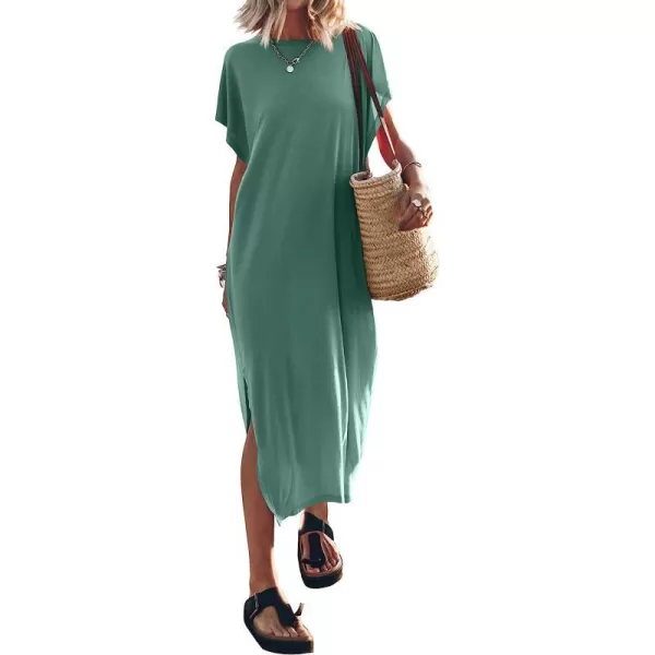 imageANRABESS Womens Summer TShirt Maxi Dress Batwing Sleeve Crewneck Casual Loose Slit Side Long Beach DressesCyan