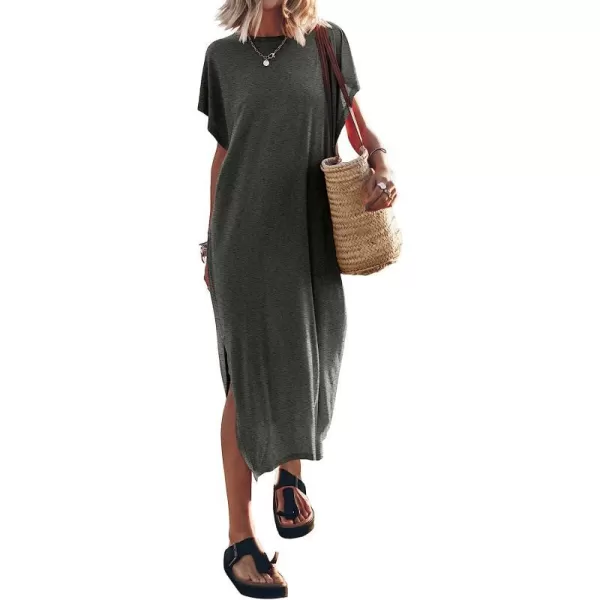 imageANRABESS Womens Summer TShirt Maxi Dress Batwing Sleeve Crewneck Casual Loose Slit Side Long Beach DressesGray