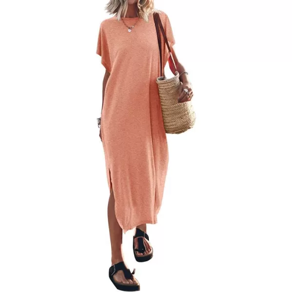 imageANRABESS Womens Summer TShirt Maxi Dress Batwing Sleeve Crewneck Casual Loose Slit Side Long Beach DressesPeach