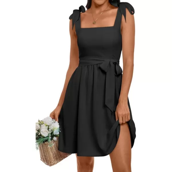 imageANRABESS Womens Summer Tie Strap Mini Dress Square Neck Smocked Sleeveless A Line Swing Elegant Cute Short DressesBlack