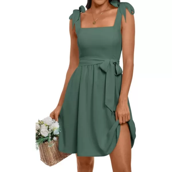 imageANRABESS Womens Summer Tie Strap Mini Dress Square Neck Smocked Sleeveless A Line Swing Elegant Cute Short DressesGreen