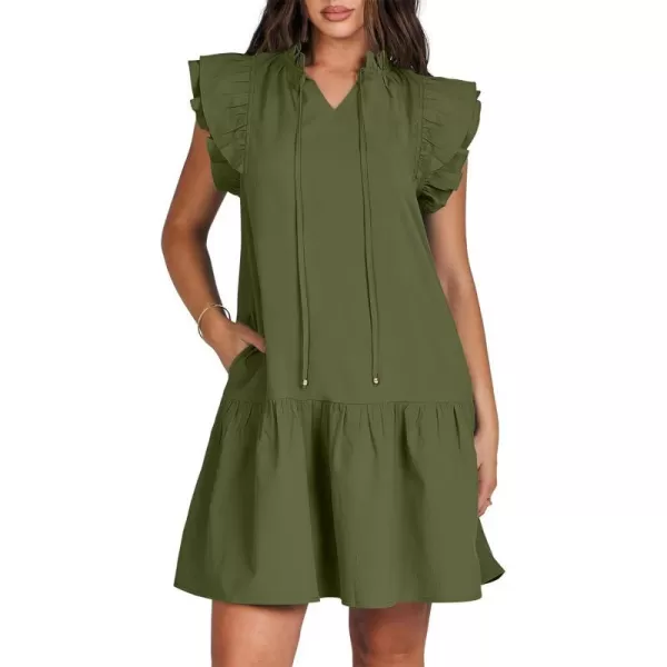 imageANRABESS Womens Summer VNeck Drawstring Ruffle Cap Short Sleeve Casual Shift Mini Dress with PocketsArmy Green