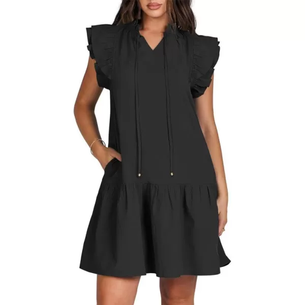 imageANRABESS Womens Summer VNeck Drawstring Ruffle Cap Short Sleeve Casual Shift Mini Dress with PocketsBlack