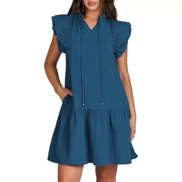 imageANRABESS Womens Summer VNeck Drawstring Ruffle Cap Short Sleeve Casual Shift Mini Dress with PocketsBlue