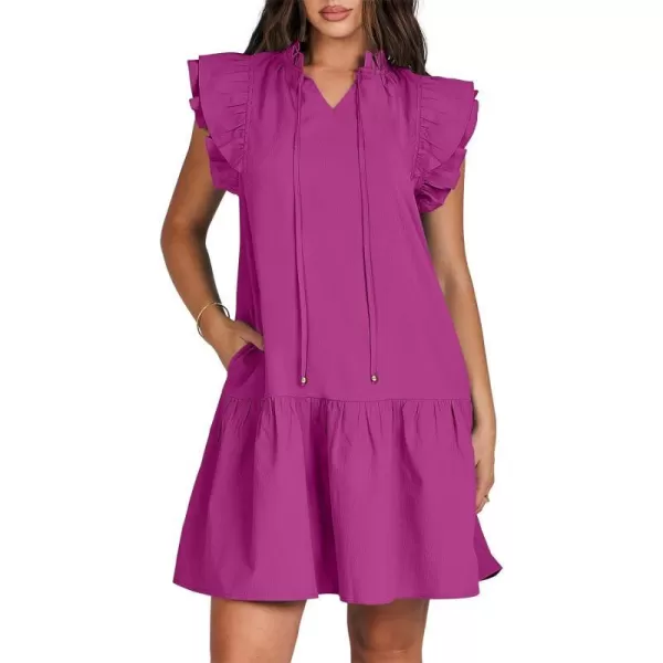 imageANRABESS Womens Summer VNeck Drawstring Ruffle Cap Short Sleeve Casual Shift Mini Dress with PocketsFuchsia