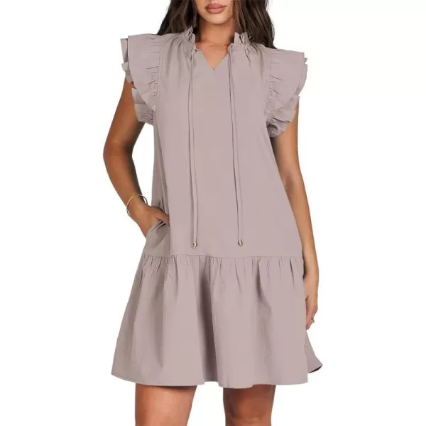 imageANRABESS Womens Summer VNeck Drawstring Ruffle Cap Short Sleeve Casual Shift Mini Dress with PocketsGray Apricot