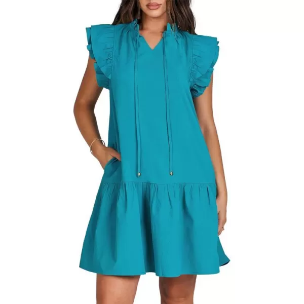 imageANRABESS Womens Summer VNeck Drawstring Ruffle Cap Short Sleeve Casual Shift Mini Dress with PocketsLake