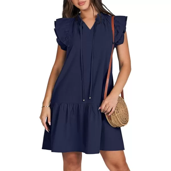 imageANRABESS Womens Summer VNeck Drawstring Ruffle Cap Short Sleeve Casual Shift Mini Dress with PocketsNavy Blue