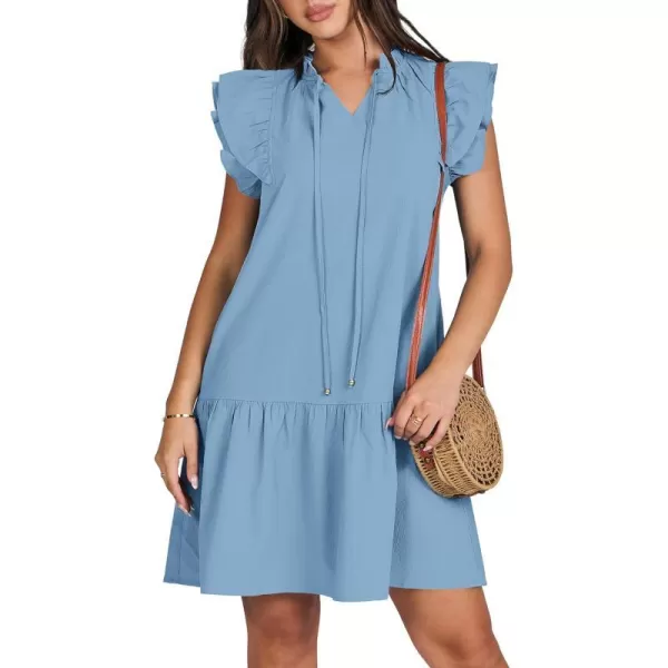 imageANRABESS Womens Summer VNeck Drawstring Ruffle Cap Short Sleeve Casual Shift Mini Dress with PocketsSky Blue