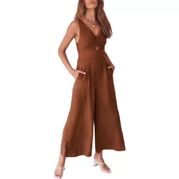 imageANRABESS Womens Summer Wide leg Jumpsuits V Neck Smocked Cutout High Waist Thick adjustable straps RompersCaramel