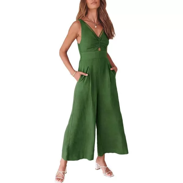 imageANRABESS Womens Summer Wide leg Jumpsuits V Neck Smocked Cutout High Waist Thick adjustable straps RompersGreen