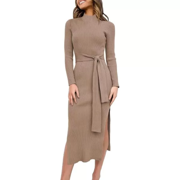 imageANRABESS Womens Sweater Dress 2023 Elegant Fall Long Sleeve Mock Neck Tie Waist Slim Fit Slit Sexy Ribbed Knit Midi DressesApricot
