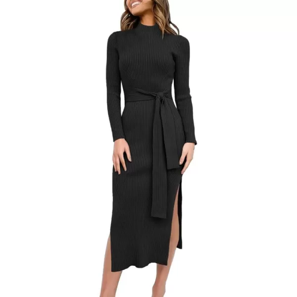 imageANRABESS Womens Sweater Dress 2023 Elegant Fall Long Sleeve Mock Neck Tie Waist Slim Fit Slit Sexy Ribbed Knit Midi DressesBlack