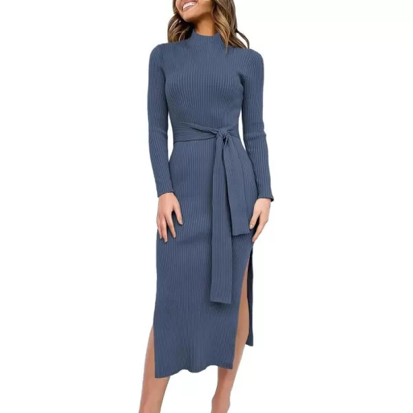 imageANRABESS Womens Sweater Dress 2023 Elegant Fall Long Sleeve Mock Neck Tie Waist Slim Fit Slit Sexy Ribbed Knit Midi DressesDusty Blue