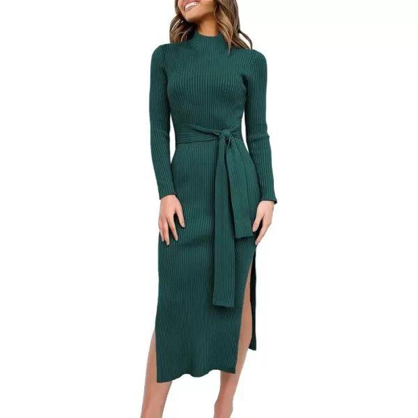 imageANRABESS Womens Sweater Dress 2023 Elegant Fall Long Sleeve Mock Neck Tie Waist Slim Fit Slit Sexy Ribbed Knit Midi DressesGreen