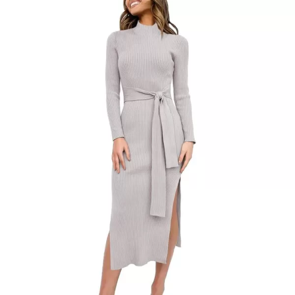 imageANRABESS Womens Sweater Dress 2023 Elegant Fall Long Sleeve Mock Neck Tie Waist Slim Fit Slit Sexy Ribbed Knit Midi DressesGrey
