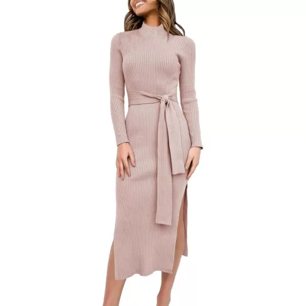 imageANRABESS Womens Sweater Dress 2023 Elegant Fall Long Sleeve Mock Neck Tie Waist Slim Fit Slit Sexy Ribbed Knit Midi DressesPink