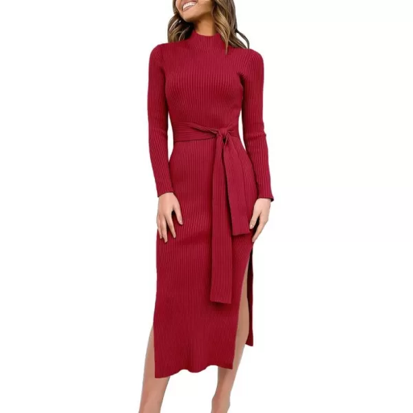 imageANRABESS Womens Sweater Dress 2023 Elegant Fall Long Sleeve Mock Neck Tie Waist Slim Fit Slit Sexy Ribbed Knit Midi DressesRed