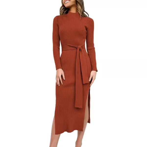 imageANRABESS Womens Sweater Dress 2023 Elegant Fall Long Sleeve Mock Neck Tie Waist Slim Fit Slit Sexy Ribbed Knit Midi DressesRust