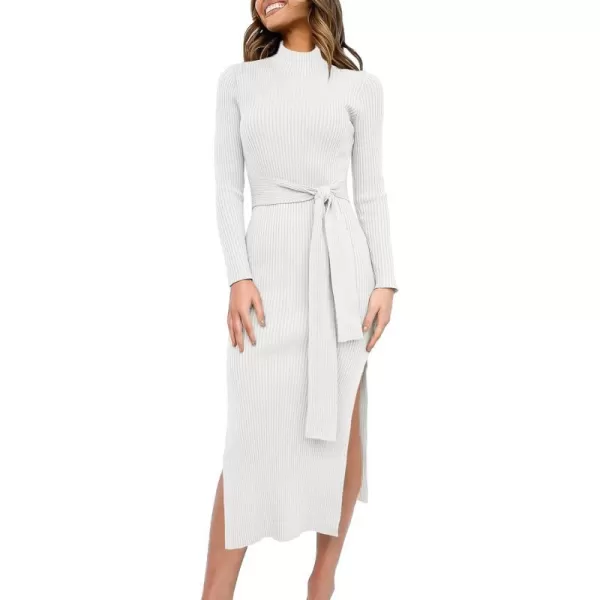 imageANRABESS Womens Sweater Dress 2023 Elegant Fall Long Sleeve Mock Neck Tie Waist Slim Fit Slit Sexy Ribbed Knit Midi DressesWhite