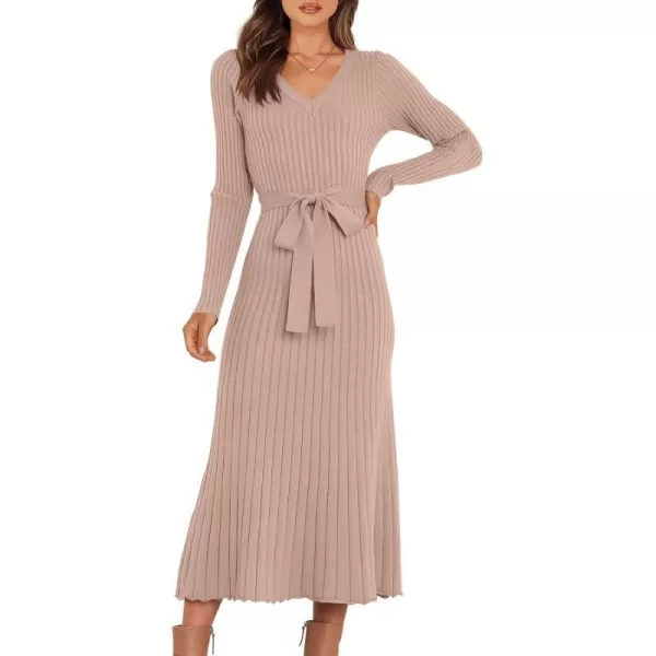 imageANRABESS Womens Sweater Dress 2023 Fall Long Sleeve V Neck Tie Waist Slim Fit Elegant Ribbed Knit Bodycon Midi DressAlmond