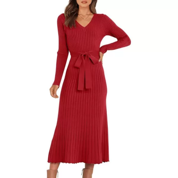 imageANRABESS Womens Sweater Dress 2023 Fall Long Sleeve V Neck Tie Waist Slim Fit Elegant Ribbed Knit Bodycon Midi DressRed