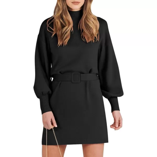 imageANRABESS Womens Sweater Dress 2023 Winter Casual Long Sleeve Mock Neck Tie Waist Elegant Knit Mini DressesBlack