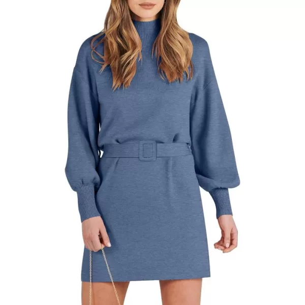 imageANRABESS Womens Sweater Dress 2023 Winter Casual Long Sleeve Mock Neck Tie Waist Elegant Knit Mini DressesBlue