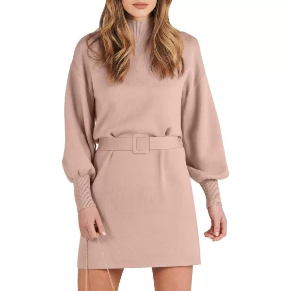 imageANRABESS Womens Sweater Dress 2023 Winter Casual Long Sleeve Mock Neck Tie Waist Elegant Knit Mini DressesDeep Apricot