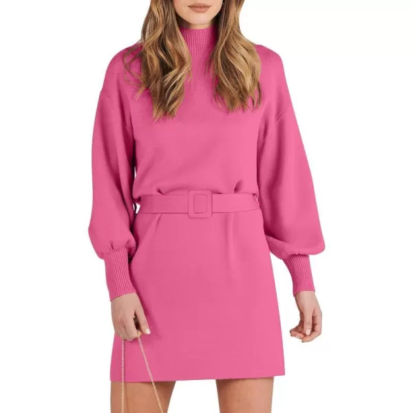 imageANRABESS Womens Sweater Dress 2023 Winter Casual Long Sleeve Mock Neck Tie Waist Elegant Knit Mini DressesHot Pink