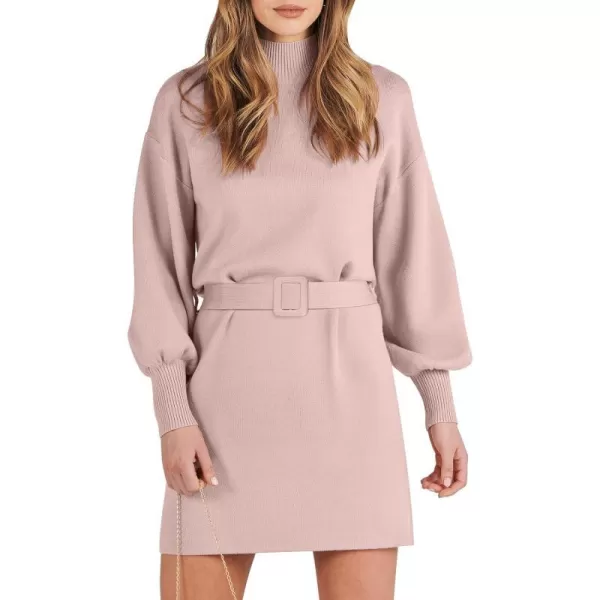 imageANRABESS Womens Sweater Dress 2023 Winter Casual Long Sleeve Mock Neck Tie Waist Elegant Knit Mini DressesPink