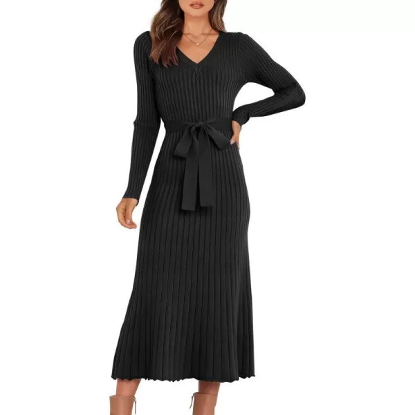 imageANRABESS Womens Sweater Dress 2024 Long Sleeve V Neck Tie Waist Slim Fit Elegant Ribbed Knit Bodycon Midi DressBlack
