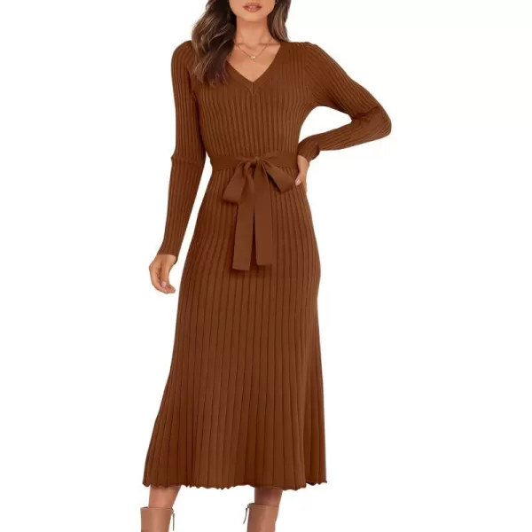 imageANRABESS Womens Sweater Dress 2024 Long Sleeve V Neck Tie Waist Slim Fit Elegant Ribbed Knit Bodycon Midi DressCaramel