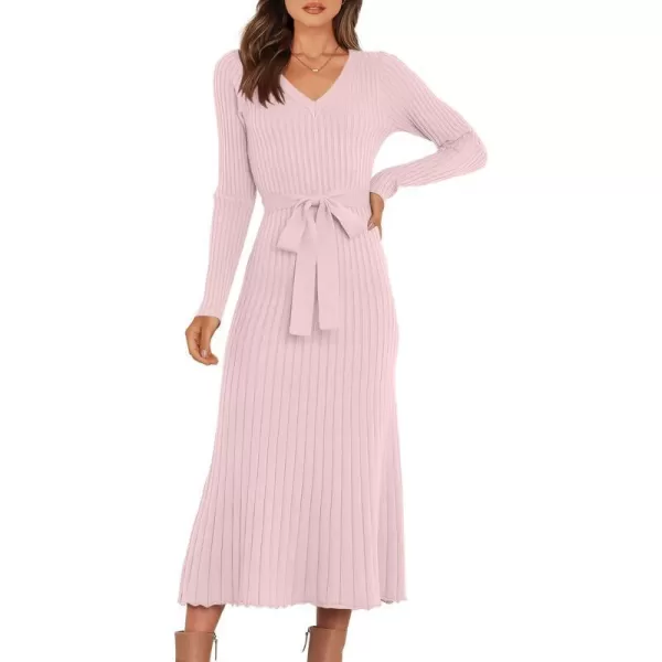 imageANRABESS Womens Sweater Dress 2024 Long Sleeve V Neck Tie Waist Slim Fit Elegant Ribbed Knit Bodycon Midi DressPink