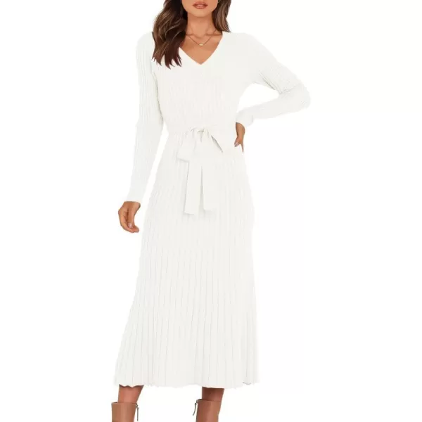 imageANRABESS Womens Sweater Dress 2024 Long Sleeve V Neck Tie Waist Slim Fit Elegant Ribbed Knit Bodycon Midi DressWhite
