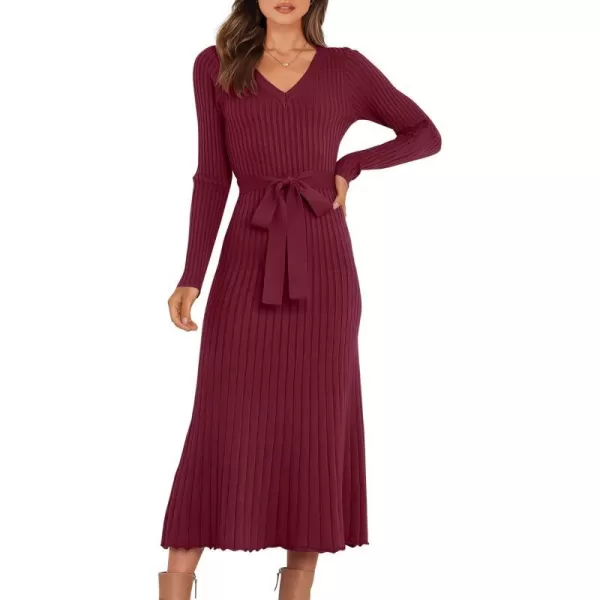 imageANRABESS Womens Sweater Dress 2024 Long Sleeve V Neck Tie Waist Slim Fit Elegant Ribbed Knit Bodycon Midi DressWine Red