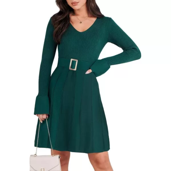 imageANRABESS Womens Sweater Dress Long Sleeve V Neck Tie Waist Pleated ALine 2023 Fall Elegant Ribbed Knit Midi DressesApricot