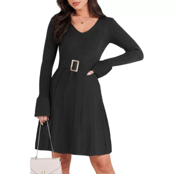 imageANRABESS Womens Sweater Dress Long Sleeve V Neck Tie Waist Pleated ALine 2023 Fall Elegant Ribbed Knit Midi DressesBlack