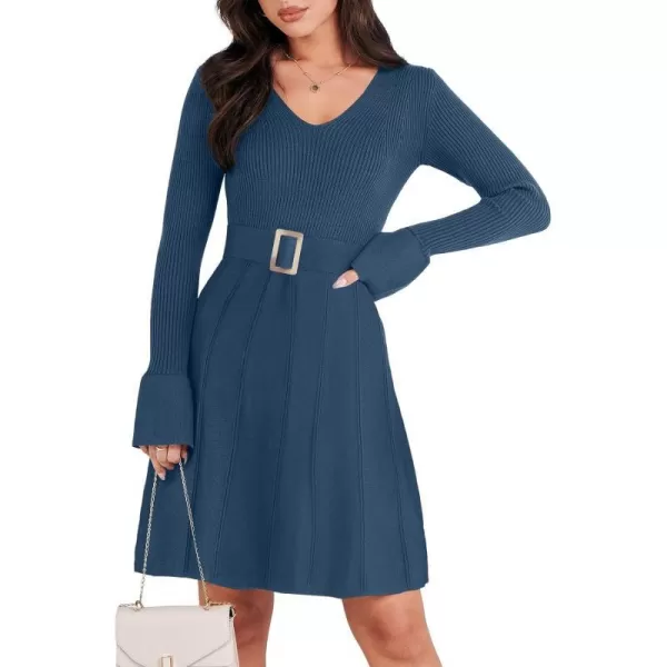 imageANRABESS Womens Sweater Dress Long Sleeve V Neck Tie Waist Pleated ALine 2023 Fall Elegant Ribbed Knit Midi DressesDusty Blue