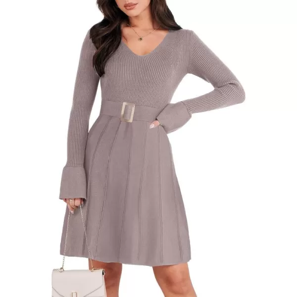 imageANRABESS Womens Sweater Dress Long Sleeve V Neck Tie Waist Pleated ALine 2023 Fall Elegant Ribbed Knit Midi DressesGray Purple
