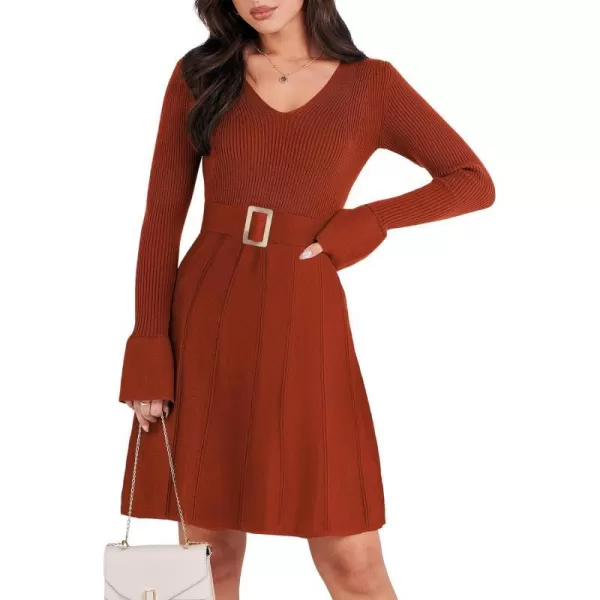 imageANRABESS Womens Sweater Dress Long Sleeve V Neck Tie Waist Pleated ALine 2023 Fall Elegant Ribbed Knit Midi DressesRed