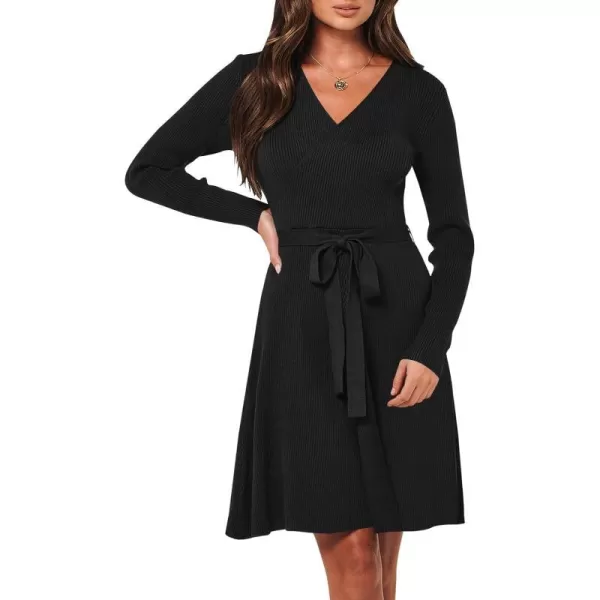 imageANRABESS Womens Sweater Dress V Neck Long Sleeve Tie Waist ALine Swing Ribbed Knit Short Dresses with BeltBlack