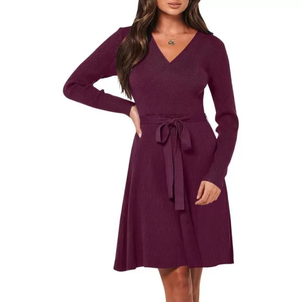 imageANRABESS Womens Sweater Dress V Neck Long Sleeve Tie Waist ALine Swing Ribbed Knit Short Dresses with BeltBurgundy