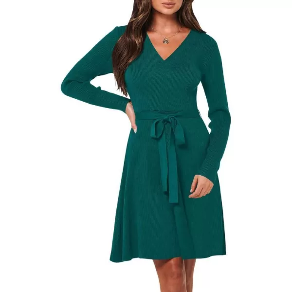 imageANRABESS Womens Sweater Dress V Neck Long Sleeve Tie Waist ALine Swing Ribbed Knit Short Dresses with BeltGreen